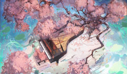 Rule 34 | 1girl, aqua eyes, aqua hair, cherry blossoms, closed mouth, dot nose, falling petals, floating hair, flower, from above, full body, hair flower, hair ornament, hatsune miku, highres, instrument, island, lily pad, long hair, looking at viewer, petals, piano, piano bench, scenery, scrunchie, sitting, smile, solo, twintails, very long hair, vocaloid, water, xiao feng