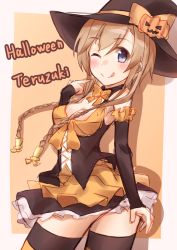 Rule 34 | 10s, 1girl, ;p, absurdres, arm warmers, bad id, bad pixiv id, bare shoulders, blush, braid, breasts, character name, detached sleeves, grey eyes, hair ornament, halloween, halloween costume, hat, highres, kantai collection, kapatarou, light brown hair, long hair, looking at viewer, looking back, miniskirt, one eye closed, propeller hair ornament, pumpkin, ribbon, skirt, small breasts, smile, solo, teruzuki (kancolle), thighhighs, tongue, tongue out, twin braids, witch, witch hat, zettai ryouiki