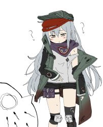 Rule 34 | 1girl, ?, bad id, bad pixiv id, blush stickers, coat, eyebrows, g11 (girls&#039; frontline), girls&#039; frontline, grey eyes, hat, long hair, looking down, off shoulder, pelican (s030), silver hair, simple background, sleeves past wrists, solo, speech bubble, thigh strap, triangle mouth, very long hair, white background, x-ray