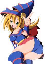 Rule 34 | 1girl, ass, bad id, bad pixiv id, bare shoulders, blonde hair, blush, breasts, cleavage, dark magician girl, duel monster, green eyes, hair between eyes, hand gesture, hat, huge ass, index finger raised, long hair, looking at viewer, looking back, medium breasts, miniskirt, open mouth, panties, semikichi, skirt, smile, solo, thighs, underwear, wizard hat, yu-gi-oh!