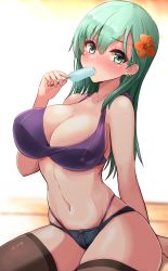 Rule 34 | 1girl, black thighhighs, blush, breasts, cleavage, flower, food, green eyes, green hair, hair flower, hair ornament, hibiscus, highres, kantai collection, kihou no gotoku dmc, large breasts, long hair, micro shorts, navel, popsicle, shorts, solo, suzuya (kancolle), thighhighs