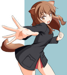 Rule 34 | 1girl, absurdres, animal ears, black jacket, clenched hand, commentary, dog ears, dog tail, fernandia malvezzi, foreshortening, haruwo0096, highres, jacket, leaning forward, long hair, long sleeves, looking at viewer, medium hair, military, military uniform, no pants, open mouth, reaching, reaching towards viewer, smile, solo, standing, strike witches, strike witches: kurenai no majo-tachi, tail, uniform, world witches series
