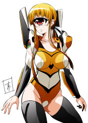 Rule 34 | 1girl, armor, black thighhighs, blonde hair, blush, breasts, breasts apart, contrapposto, cosplay, cowboy shot, cyclops, detached sleeves, eva 00, eva 00 (cosplay), eyelashes, female focus, groin, highleg, highleg leotard, highres, hitomi (hitomi sensei no hokenshitsu), hitomi sensei no hokenshitsu, impossible clothes, impossible leotard, large breasts, legs apart, leotard, long hair, looking to the side, low ponytail, manaka hitomi, neon genesis evangelion, one-eyed, parted lips, pauldrons, ponytail, red eyes, s-now, shoulder armor, sidelocks, simple background, solo, standing, tattoo, thighhighs, vambraces, white background