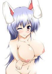 Rule 34 | 1girl, animal ears, bad id, bad nicoseiga id, blush, breast hold, breasts, cleavage, collarbone, crossed arms, female focus, groin, highres, huge breasts, labaha, large breasts, light purple hair, long hair, looking at viewer, navel, nipples, nude, one eye closed, puffy nipples, rabbit ears, red eyes, reisen udongein inaba, smile, solo, touhou, white background, wink