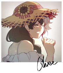 Rule 34 | 1girl, black hair, character name, closed eyes, facing viewer, from behind, hand up, hat, highres, long hair, original, parted lips, ponytail, qhiee (sihanjir), sihanjir, smile, solo, straw hat, upper body