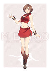 Rule 34 | 1girl, :d, absurdres, artist name, bare arms, bare shoulders, black shirt, boots, breasts, brown eyes, brown footwear, brown hair, character name, cleavage, collar, commentary request, crop top, full body, highres, jacket, large breasts, looking at viewer, meiko (vocaloid), meiko (vocaloid3), navel, open mouth, red collar, red jacket, red skirt, shirt, short hair, skirt, sleeveless, sleeveless jacket, smile, solo, striped, striped background, teeth, upper teeth only, vocaloid, yen-mi