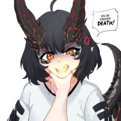 Rule 34 | 1girl, 1other, ameiarts, bandaid, bandaid on face, bandaid on nose, black hair, breath weapon, breathing fire, commentary, dragon girl, dragon horns, english commentary, english text, eyebrow piercing, fire, half-closed eye, horns, kaliyah (ameiarts), looking at viewer, meme, nejime, orange eyes, original, piercing, pointy ears, pov, pov cheek grabbing (meme), sharp teeth, shirt, short hair, simple background, slit pupils, speech bubble, straight-on, teeth, upper body, v-shaped eyebrows, white background, white shirt