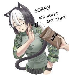 Rule 34 | 1girl, :3, animal ears, belt, black belt, black hair, camouflage, camouflage jacket, cat ears, cat girl, cat tail, closed eyes, closed mouth, commentary, cropped torso, drakeposting (meme), english text, facing away, field ration, gesture, green jacket, hair tie, holding, jacket, jpc, long hair, meme, multicolored hair, original, out of frame, paw print, ponytail, simple background, sleeves rolled up, smile, standing, tail, two-tone hair, white background, white hair, wristband