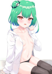 Rule 34 | 1girl, absurdres, arm at side, ashiru, black panties, black thighhighs, blush, breasts, collarbone, dot nose, double bun, eyebrows, eyelashes, female focus, fingernails, green hair, green nails, hair bun, hand up, highres, hololive, hololive fantasy, long sleeves, looking at viewer, medium hair, nail polish, navel, open clothes, open mouth, open shirt, panties, petite, red eyes, shirt, simple background, sitting, small breasts, solo, thighhighs, underwear, uruha rushia, virtual youtuber, white background, white shirt