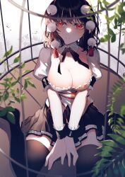 Rule 34 | 1girl, absurdres, between legs, birdcage, black hair, black ribbon, black skirt, black thighhighs, breasts, cage, cleavage, commentary request, detached collar, frills, full body, hand between legs, highres, large breasts, looking at viewer, medium hair, parted lips, plant, pointy ears, pom pom (clothes), puffy short sleeves, puffy sleeves, red eyes, red ribbon, ribbon, shameimaru aya, shirt, short sleeves, sitting, skirt, solo, tassel, thighhighs, toraneko 2, touhou, wariza, white shirt, wrist cuffs