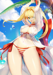 Rule 34 | 1girl, aestus estus, ahoge, arms up, bare shoulders, bikini, blonde hair, blue sky, blueorca, blush, breasts, cleavage, collarbone, criss-cross halter, dress, earrings, fate/grand order, fate (series), gown, green eyes, hair between eyes, hair intakes, halterneck, highres, jewelry, large breasts, long hair, looking at viewer, navel, nero claudius (fate), nero claudius (fate) (all), nero claudius (swimsuit caster) (fate), nero claudius (swimsuit caster) (third ascension) (fate), palm tree, red bikini, side-tie bikini bottom, sky, smile, striped bikini, striped clothes, swimsuit, sword, thighs, tree, twintails, weapon
