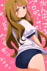 Rule 34 | 1girl, ass, blue buruma, blunt bangs, brown hair, buruma, commentary request, gym shirt, gym uniform, highres, idolmaster, idolmaster million live!, light smile, long hair, looking at viewer, looking back, miyao miya, shirt, shirt hold, short sleeves, simple background, solo, t3 (t3only), translation request, very long hair