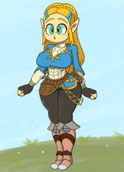 Rule 34 | 1girl, absurdres, black gloves, black leggings, blonde hair, blue background, blush, boots, breasts, fingerless gloves, full body, gloves, grass, green eyes, highres, large breasts, leggings, long hair, long sleeves, lotikmac, narrow waist, nintendo, parted lips, pointy ears, princess zelda, solo, standing, the legend of zelda, the legend of zelda: breath of the wild, thick thighs, thighs, wide hips