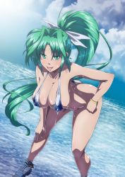 Rule 34 | 1girl, aqua eyes, aqua hair, ass, bare shoulders, blush, breasts, butt crack, cleavage, covered erect nipples, facial mark, forehead mark, hand on thigh, highres, large breasts, leaning forward, lindy harlaown, long hair, looking at viewer, lyrical nanoha, mahou shoujo lyrical nanoha, one-piece swimsuit, open mouth, ponytail, shiny skin, skindentation, slingshot swimsuit, smile, solo, standing, swimsuit, tappa (esperanza), tongue, wet, white one-piece swimsuit