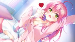 Rule 34 | 1girl, ahoge, arm up, barefoot, bed, bedroom, breasts, feet, green eyes, hand to own mouth, heart, highres, hololive, indoors, long hair, navel, off shoulder, open mouth, pajamas, pants, pillow, pink hair, pink pajamas, pink pants, pink shirt, sakura miko, shirt, sitting, smile, solo, stretching, stuffed toy, suimya, toes, virtual youtuber