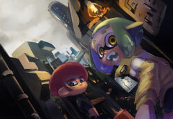 Rule 34 | 1boy, 1girl, afro, black shirt, blush, city, closed mouth, fangs, frown, green hair, grey eyes, highres, inkling, inkling girl, inkling player character, jacket, long sleeves, midriff, nata shelf, nintendo, octoling, octoling boy, octoling player character, open mouth, outdoors, red hair, shirt, splatoon (series), tentacle hair, thick eyebrows, trash can, yellow eyes, yellow jacket