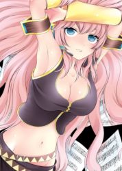 Rule 34 | 1girl, armband, armpits, beamed quavers, belt, blue eyes, breasts, cleavage, detached sleeves, headset, large breasts, long hair, megurine luka, midriff, musical note, navel, paper, pikuseru, pink hair, quaver, sheet music, solo, very long hair, vocaloid