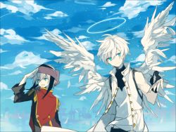 Rule 34 | 2boys, akina422, angel wings, cloud, day, feathers, halo, highres, male focus, multiple boys, short hair, sky, smile, white hair, wings