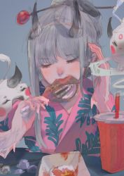 Rule 34 | 1girl, blush, chicken leg, commentary, drinking straw, eating, english commentary, closed eyes, food, ghost, grey background, grey hair, hair ornament, hair stick, highres, holding, holding food, horns, japanese clothes, k1ruse, kimono, pink kimono, simple background, solo