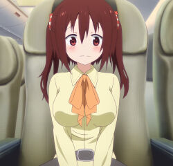 Rule 34 | 1girl, aircraft, airplane, airplane interior, airplane seat, belt buckle, blush, breasts, buckle, closed mouth, dot nose, ebina nana, hair between eyes, highres, himouto! umaru-chan, indoors, large breasts, long hair, long sleeve shirt, red eyes, red hair, sitting, solo, stitched, third-party edit