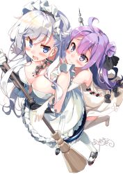 Rule 34 | 2girls, ahoge, azur lane, belfast (azur lane), blue eyes, blush, breasts, broom, chain, cleavage, closed mouth, collar, dress, elbow gloves, gloves, highres, hisaka hazara, hug, hug from behind, long hair, looking at another, maid, maid headdress, medium breasts, multiple girls, open mouth, purple hair, signature, silver hair, simple background, thighhighs, unicorn (azur lane), wavy mouth, white background, white dress, white gloves, white legwear