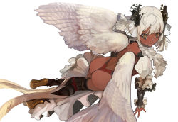 Rule 34 | 1girl, angel wings, ass, commentary request, dark skin, dark-skinned female, from behind, high heels, looking at viewer, midair, original, pupps, short hair, simple background, smile, solo, white background, white hair, wings, yellow eyes