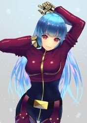 Rule 34 | 1girl, absurdres, belt, blue hair, bodysuit, breasts, gloves, gradient background, hara kenshi, highres, kula diamond, long hair, looking at viewer, medium breasts, purple eyes, simple background, skin tight, smile, snk, solo, the king of fighters, white background, zipper