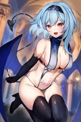 Rule 34 | 1girl, asymmetrical hair, bare shoulders, black footwear, blue hair, boots, breasts, cleavage, collarbone, demon girl, demon tail, eula (genshin impact), flying, genshin impact, hairband, halloween, high heel boots, high heels, highres, large breasts, long hair, looking at viewer, navel, open mouth, orange eyes, pubic tattoo, revealing clothes, smile, tail, tattoo, thigh boots, wings, yuniiho