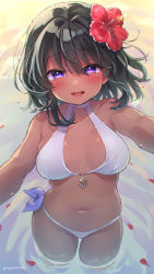Rule 34 | 1girl, :d, absurdres, bare arms, bare shoulders, bikini, black hair, breasts, dark-skinned female, dark skin, fang, flower, hair flower, hair ornament, halterneck, halterneck, hibiscus, highres, idolmaster, idolmaster cinderella girls, looking at viewer, medium breasts, medium hair, natalia (idolmaster), navel, open mouth, outstretched arms, purple eyes, red flower, ripples, side-tie bikini bottom, smile, solo, standing, stomach, swimsuit, thighs, trente, wading, water, white bikini
