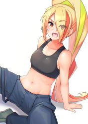 Rule 34 | 10s, 1girl, :d, arm support, bad id, bad pixiv id, bare arms, bare shoulders, black shirt, blonde hair, blue pants, breasts, collarbone, crop top, green hair, hair over one eye, kinata 1, long hair, looking at viewer, medium breasts, midriff, multicolored hair, navel, nikaidou saki, open mouth, orange eyes, orange hair, pants, ponytail, shadow, shirt, shoes, sidelocks, simple background, smile, solo, stomach, tank top, very long hair, white background, zombie land saga