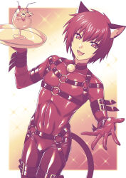 Rule 34 | 1boy, :d, animal ear fluff, animal ears, bell, belt, bodysuit, cat ears, cat tail, commentary request, cup, drinking glass, gundam, gundam seed, gundam seed freedom, harness, highres, holding, holding tray, kira yamato, latex, latex bodysuit, looking at viewer, neck bell, open mouth, reaching, reaching towards viewer, short hair, skin tight, smile, solo, tail, teba motoko, tray, waiter