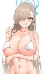 Rule 34 | 1girl, absurdres, akamashi, areola slip, arm under breasts, asuna (blue archive), bikini, blue archive, blue eyes, blue ribbon, breasts, grin, groin, hair over one eye, hair ribbon, halo, highres, large breasts, long hair, looking at viewer, navel, ribbon, simple background, smile, solo, stomach, straight hair, swimsuit, untied bikini, upper body, very long hair, white background, white bikini