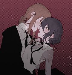 Rule 34 | 2girls, bare arms, bare shoulders, black choker, black hair, black jacket, black necktie, blush, braid, braided ponytail, brown hair, business suit, chainsaw man, choker, collared shirt, formal, green eyes, hair bun, highres, imminent kiss, implied kiss, jacket, kyou 039, looking at another, makima (chainsaw man), medium hair, multiple girls, necktie, neckwear request, open clothes, open mouth, open shirt, purple background, reze (chainsaw man), ringed eyes, shirt, simple background, single hair bun, suit, upper body, white shirt, yellow eyes, yuri