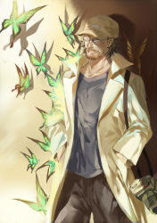 Rule 34 | 1boy, baseball cap, beard, brown hair, bug, butterfly, camera, facial hair, glasses, gray-witch hai miko, hat, bug, kondraki, lab coat, male focus, mustache, parted lips, popped collar, scp-408, scp foundation, smile
