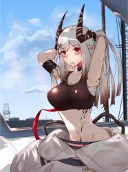 Rule 34 | 1girl, absurdres, arknights, armband, armpits, arms up, bandages, bare shoulders, black choker, blue sky, blush, breasts, chinese commentary, choker, cloud, commentary request, crop top, day, groin, hair tie in mouth, highres, horns, infection monitor (arknights), large breasts, long hair, looking at viewer, material growth, midriff, mouth hold, mudrock (arknights), mudrock (elite ii) (arknights), navel, oripathy lesion (arknights), pointy ears, red eyes, sarashi, silver hair, sky, solo, sports bra, stomach, yamasede neiko
