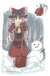 Rule 34 | 1girl, ascot, bow, condensation, detached sleeves, dress, frilled bow, frilled dress, frills, gloves, hair bow, hair tubes, hakurei reimu, icicle, long sleeves, matsukuzu, red bow, red shirt, scarf, shirt, shovel, shoveling, skirt, sleeveless, snow, snowman, solo, stick, touhou, wide sleeves, winter, winter clothes, yellow ascot