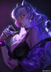 Rule 34 | 1girl, absurdres, choker, claws, cropped jacket, demon girl, earrings, evelynn (league of legends), highres, jacket, jewelry, league of legends, long hair, looking at viewer, makeup, open clothes, revealing clothes, silver hair, solo, the baddest evelynn, yellow eyes