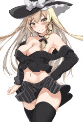 Rule 34 | 1girl, alternate costume, arm at side, bad id, bad twitter id, bare shoulders, black choker, black ribbon, black skirt, black thighhighs, blonde hair, blush, bow, braid, breasts, choker, cleavage, closed mouth, collarbone, commentary request, cowboy shot, crop top, fingernails, hair ribbon, hand on own hip, hat, hat bow, hat ribbon, kaeranu kaeru, kirisame marisa, large breasts, long hair, looking at viewer, microskirt, navel, no bra, off-shoulder shirt, off shoulder, ribbon, shiny skin, shirt, sidelocks, simple background, single braid, skirt, smile, solo, standing, stomach, striped clothes, striped skirt, thighhighs, thighs, touhou, tress ribbon, white background, white bow, white ribbon, witch hat, yellow eyes