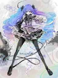 Rule 34 | 1girl, anti the holic (vocaloid), anti the infinite holic (vocaloid), bad id, bad pixiv id, blue hair, detached sleeves, donko, frills, gothic lolita, gradient hair, hatsune miku, heterochromia, infinite holic (vocaloid), legs, lolita fashion, long hair, multicolored hair, purple hair, red eyes, skirt, smile, solo, spring onion, thighhighs, twintails, very long hair, vocaloid