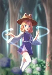 Rule 34 | 1girl, aletto-mikan, blonde hair, blue eyes, blurry, blush, hair ornament, hat, long sleeves, looking at viewer, moriya suwako, open mouth, shirt, short hair, skirt, skirt set, smile, solo, thighhighs, touhou, tree, turtleneck, vest, white thighhighs, wide sleeves, zettai ryouiki