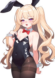 Rule 34 | 1girl, :3, :d, absurdres, alternate costume, animal ears, arm behind back, azur lane, bache (azur lane), bare shoulders, black leotard, blonde hair, blush, bow, bowtie, breasts, covered navel, cowboy shot, curly hair, detached collar, fake animal ears, hair between eyes, half-closed eyes, hand up, highres, hip focus, igarashi gozo, leotard, leotard pull, long hair, nipple slip, nipples, open mouth, pantyhose, playboy bunny, presenting, pulling own clothes, purple eyes, rabbit ears, rabbit tail, red bow, red bowtie, skin tight, small breasts, smile, solo, strapless, strapless leotard, tail, teasing, thighs, very long hair, wrist cuffs