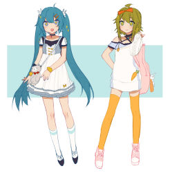Rule 34 | 2girls, :d, alternate costume, arm at side, backpack, bad id, bad pixiv id, bag, blue eyes, blue hair, blue nails, bow, carrot print, casual, choker, closed mouth, dress, eyebrows, food print, full body, green eyes, green hair, gumi, hair bow, hair ornament, hatsune miku, highres, jewelry, legs apart, long hair, looking at another, looking at viewer, multiple girls, nail polish, off shoulder, open mouth, orange bow, orange legwear, prophet chu, rabbit hair ornament, scrunchie, shoes, short dress, short hair, short sleeves, shoulder bag, sketch, smile, sneakers, stuffed animal, stuffed rabbit, stuffed toy, symbol-shaped pupils, teddy bear, thighhighs, twintails, very long hair, vocaloid, white dress, white legwear, wrist scrunchie, zettai ryouiki