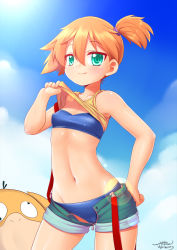 Rule 34 | 1girl, armpits, bikini, bikini under clothes, blouse, blue bikini, cameltoe, clothes lift, creatures (company), day, game freak, gen 1 pokemon, gym leader, hair between eyes, hand on own hip, highres, lifting own clothes, looking at viewer, misty (pokemon), nintendo, outdoors, pokemon, pokemon (anime), pokemon (creature), pokemon sm042, pokemon sm (anime), psyduck, shirt, shirt lift, short shorts, shorts, sleeveless, sleeveless shirt, smile, solo focus, standing, stomach, swimsuit, wolflong, yellow shirt