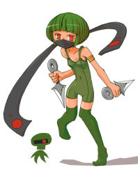 Rule 34 | 1girl, colonyon, dagger, green hair, knife, masha, meteos, ninja, personification, red eyes, solo, thighhighs, weapon