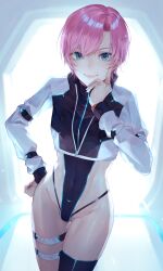Rule 34 | 1girl, absurdres, asymmetrical clothes, belt, black thighhighs, blue eyes, closed mouth, covered navel, finger to cheek, hand on own hip, highres, kaoming, leotard, long sleeves, looking at viewer, nijisanji, pink hair, revision, short hair, single thighhigh, smile, solo, standing, thighhighs, virtual youtuber, yuuhi riri, yuuhi riri (4th costume)