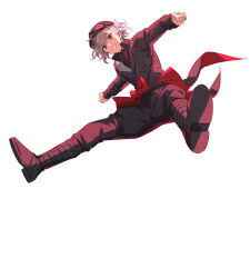 Rule 34 | 1boy, black hat, black jacket, black pantyhose, bow, clenched hands, commentary request, full body, grey hair, grin, hat, highres, jacket, jumping, long sleeves, looking at viewer, looking down, male focus, on air!, outstretched arms, pantyhose, purple eyes, red bow, sekina, short hair, simple background, smile, solo, spread arms, spread legs, toma rin (on air!), white background