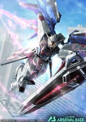 Rule 34 | beam saber, commentary, english commentary, flying, freedom gundam, glowing, glowing eyes, gundam, gundam arsenal base, gundam seed, holding, holding shield, holding sword, holding weapon, mechanical wings, mixed-language commentary, no humans, official art, science fiction, shield, sword, taka-f, v-fin, weapon, wings, yellow eyes