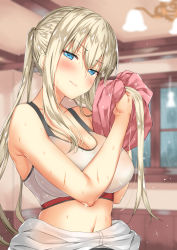 Rule 34 | 10s, 1girl, b-ginga, bare arms, blonde hair, blue eyes, blush, breasts, cleavage, closed mouth, drying, drying hair, graf zeppelin (kancolle), indoors, kantai collection, large breasts, lips, long hair, looking at viewer, midriff, navel, solo, sports bra, upper body, wet, window
