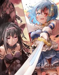 Rule 34 | 2girls, akemi homura, akuma homura, argyle, argyle clothes, argyle legwear, bare shoulders, black feathers, black hair, blood, blood on face, blue eyes, blue hair, blue skirt, bow, bra, breasts, cape, cutlass, detached sleeves, english text, feathers, fortissimo, furrowed brow, gloves, hair between eyes, hair bow, hair ornament, highres, japanese text, looking at viewer, magical girl, mahou shoujo madoka magica, mahou shoujo madoka magica: hangyaku no monogatari, medium breasts, miki sayaka, miki sayaka (magical girl), multiple girls, musical note, musical note hair ornament, mzk0526, one eye closed, open mouth, purple bow, purple bra, purple ribbon, rain, red eyes, ribbon, saber (weapon), skirt, small breasts, sword, tearing up, teeth, thighhighs, torn clothes, translation request, underwear, upper teeth only, weapon, wet, white cape, white gloves, white legwear