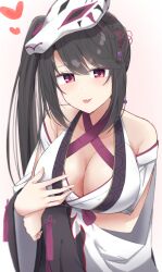 Rule 34 | 1girl, :p, arm under breasts, bare shoulders, black hair, blush, breast hold, breasts, cleavage, closed mouth, commentary request, criss-cross halter, eyelashes, fox mask, halterneck, heart, highres, hoshikawa kaguya, japanese clothes, kimono, large breasts, long hair, long sleeves, looking at viewer, mask, mask on head, no bra, pink background, red eyes, seductive smile, side ponytail, silver116, smile, solo, straight hair, swept bangs, tassel, tenshi souzou re-boot!, tongue, tongue out, upper body, very long hair, white background, white kimono, wide sleeves